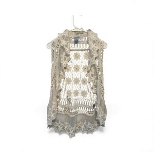 Pink Melo Cream Lace & Floral Crochet Pattern Sleeveless Open Vest Small